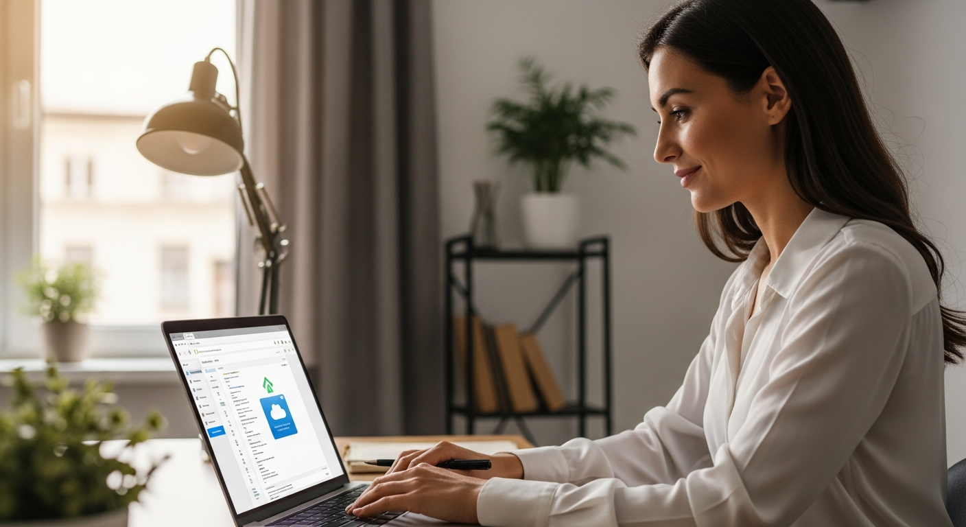 Woman using laptop to automate cloud data backup