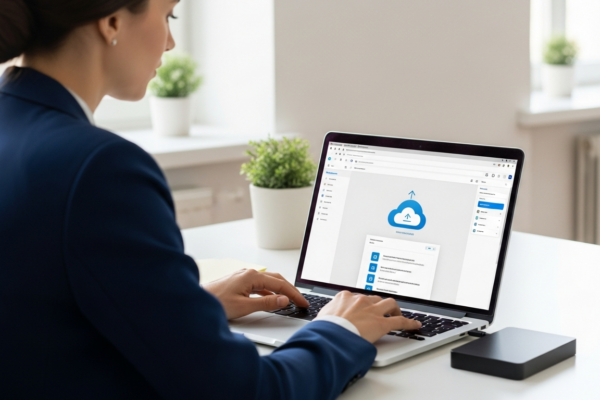 Woman backing up her computer data to the cloud