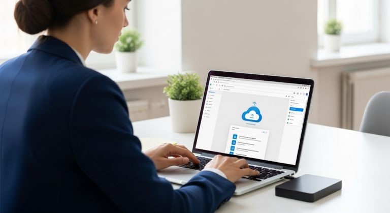 Woman backing up her computer data to the cloud
