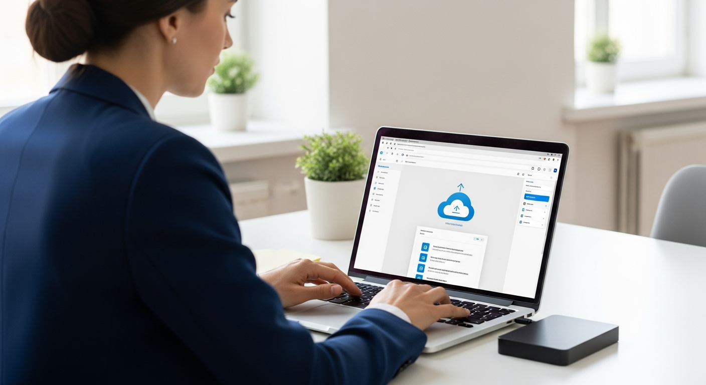 Woman backing up her computer data to the cloud