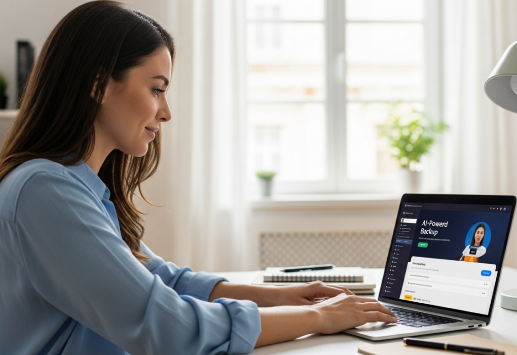 A woman uses an AI tool on her laptop to automate data backups in a home office.