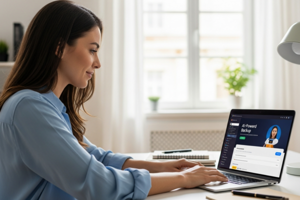 A woman uses an AI tool on her laptop to automate data backups in a home office.