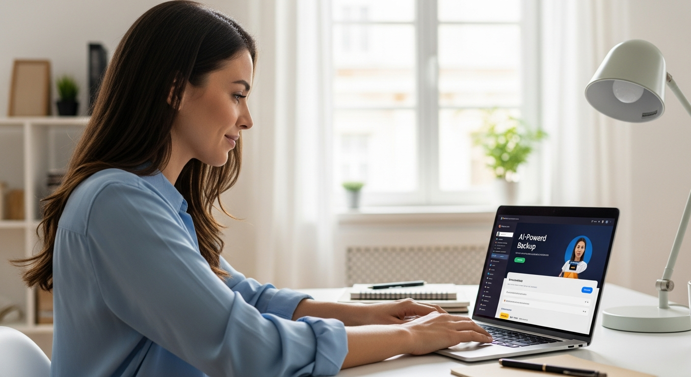 A woman uses an AI tool on her laptop to automate data backups in a home office.