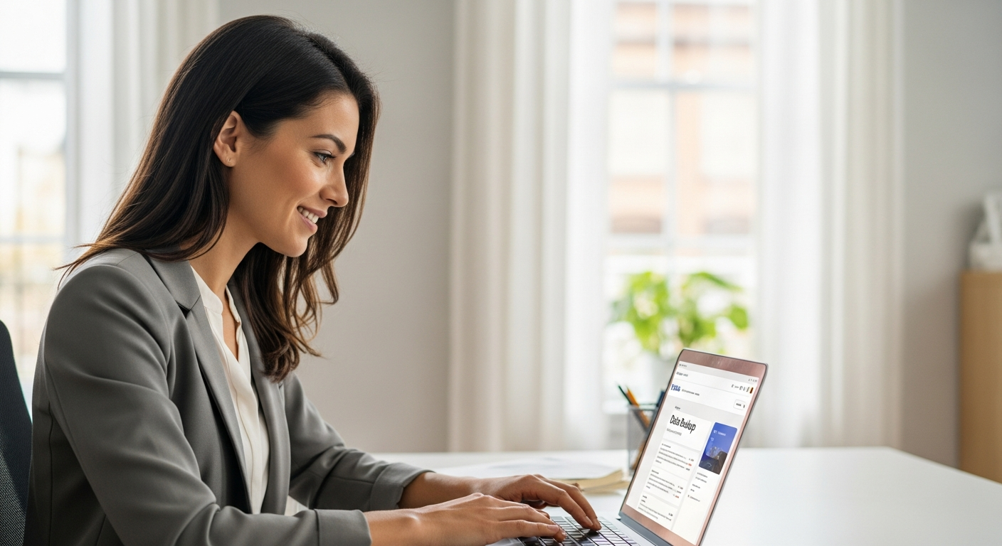 Woman using a laptop to automate data backups with AI software.