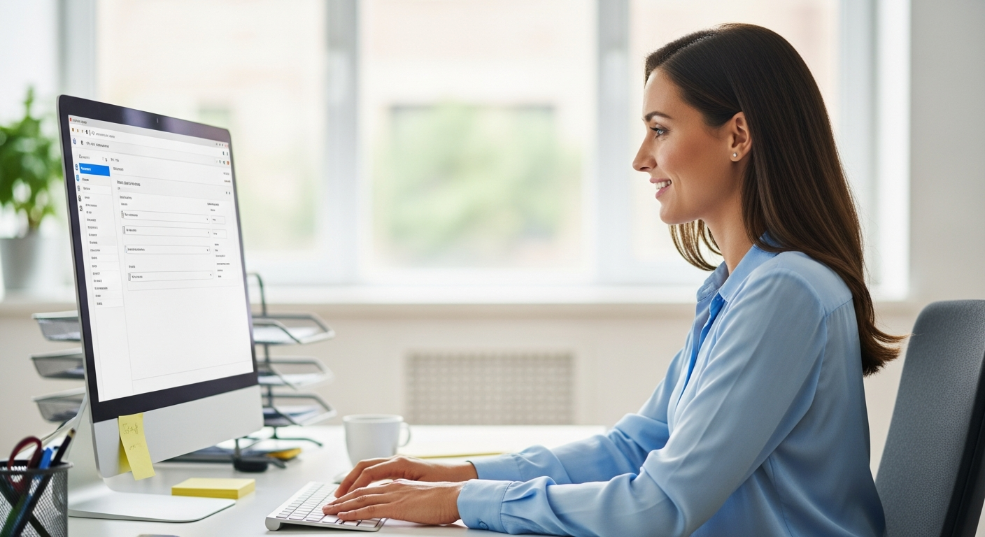 Woman looking at a computer screen, automating data entry with AI.