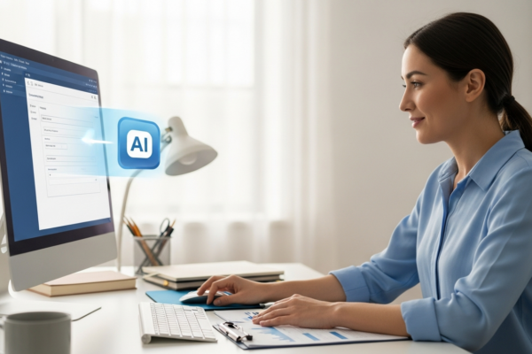 Woman using AI to automate data entry on a computer.