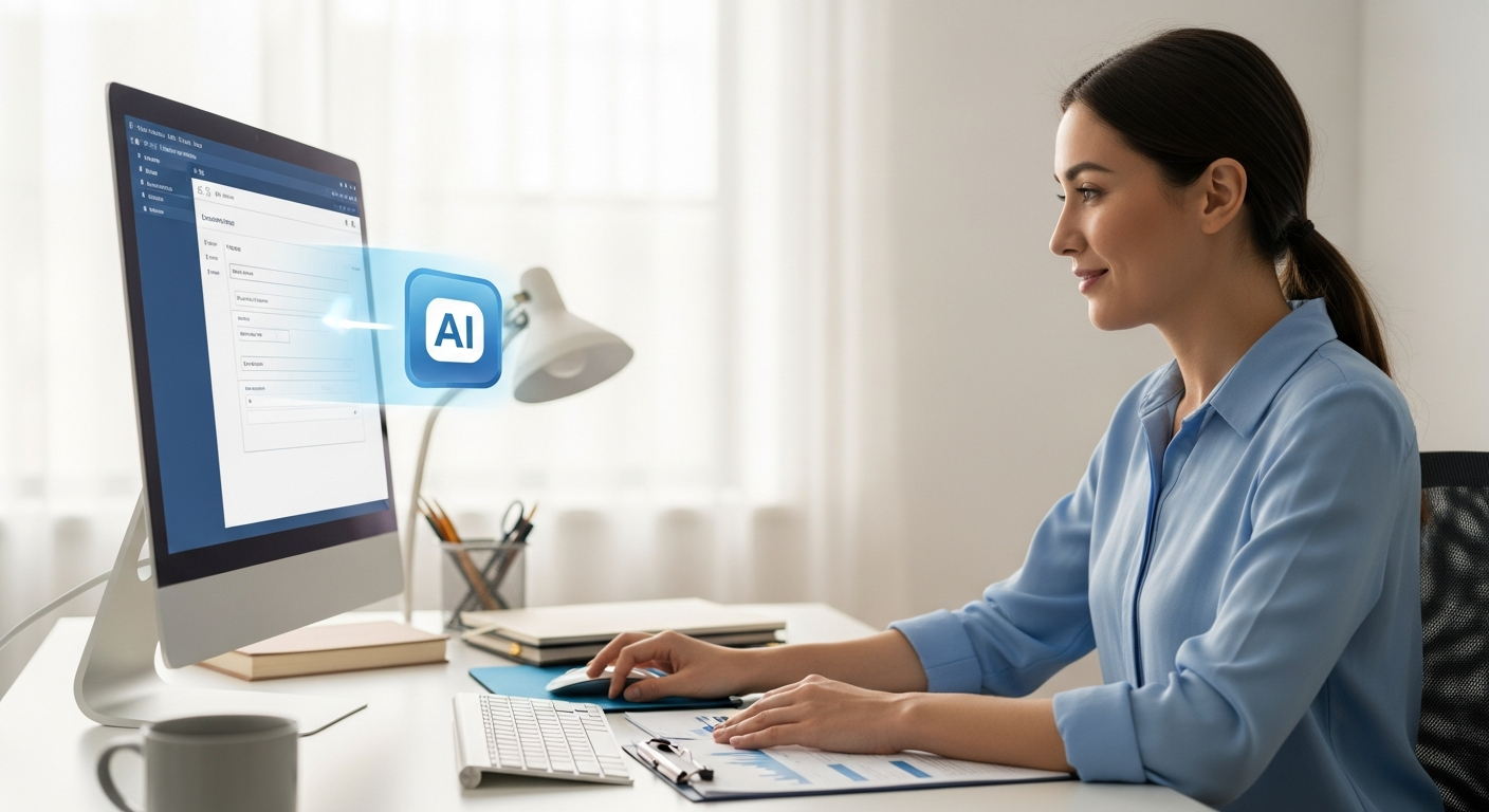 Woman using AI to automate data entry on a computer.