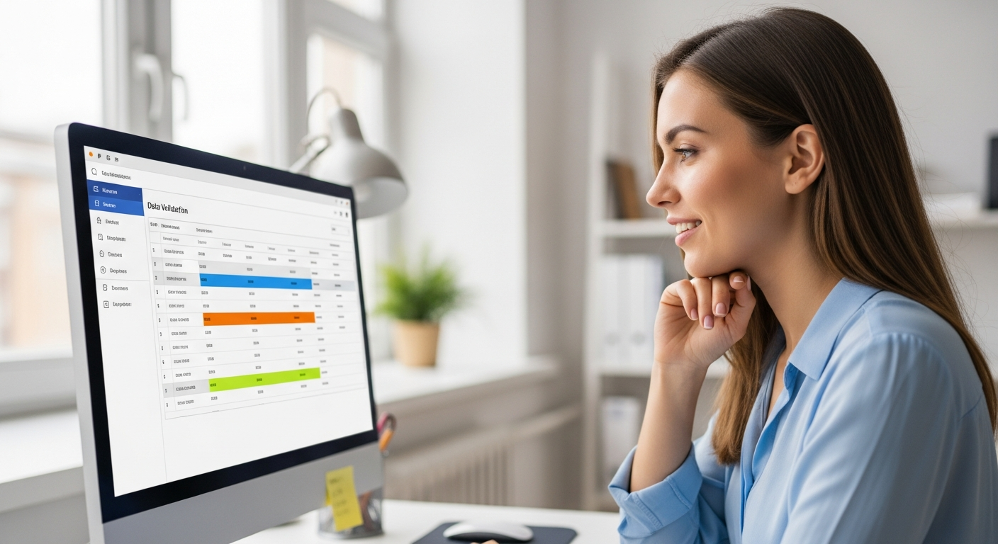 Woman using data validation software on computer