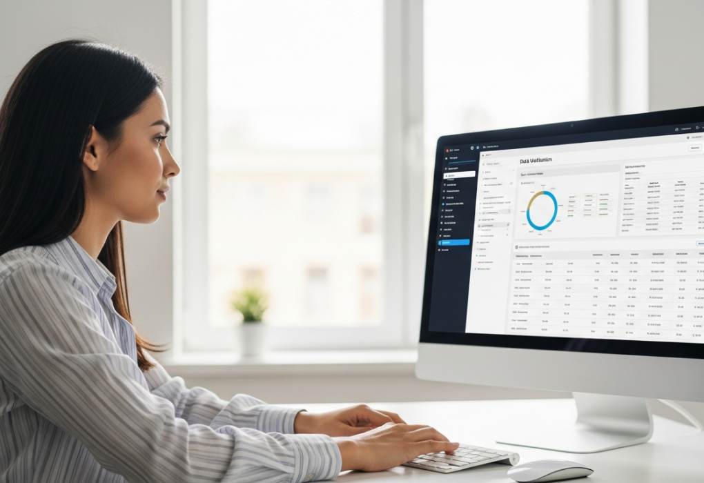 A woman is validating data on a computer.