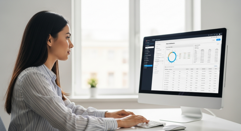 A woman is validating data on a computer.