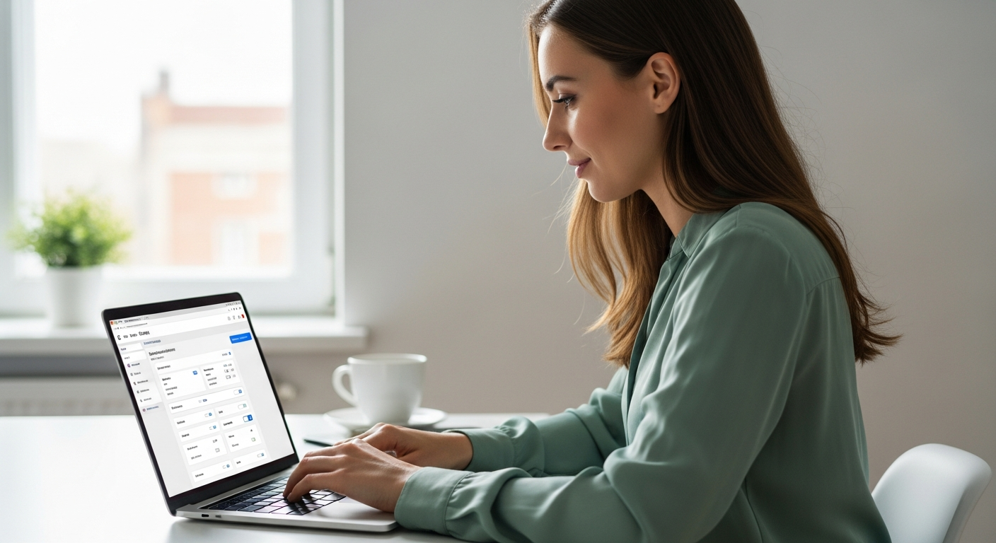A woman uses a laptop to automate email responses in an office.