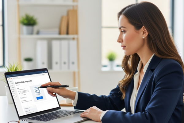 Woman using a laptop to automate email responses in an office