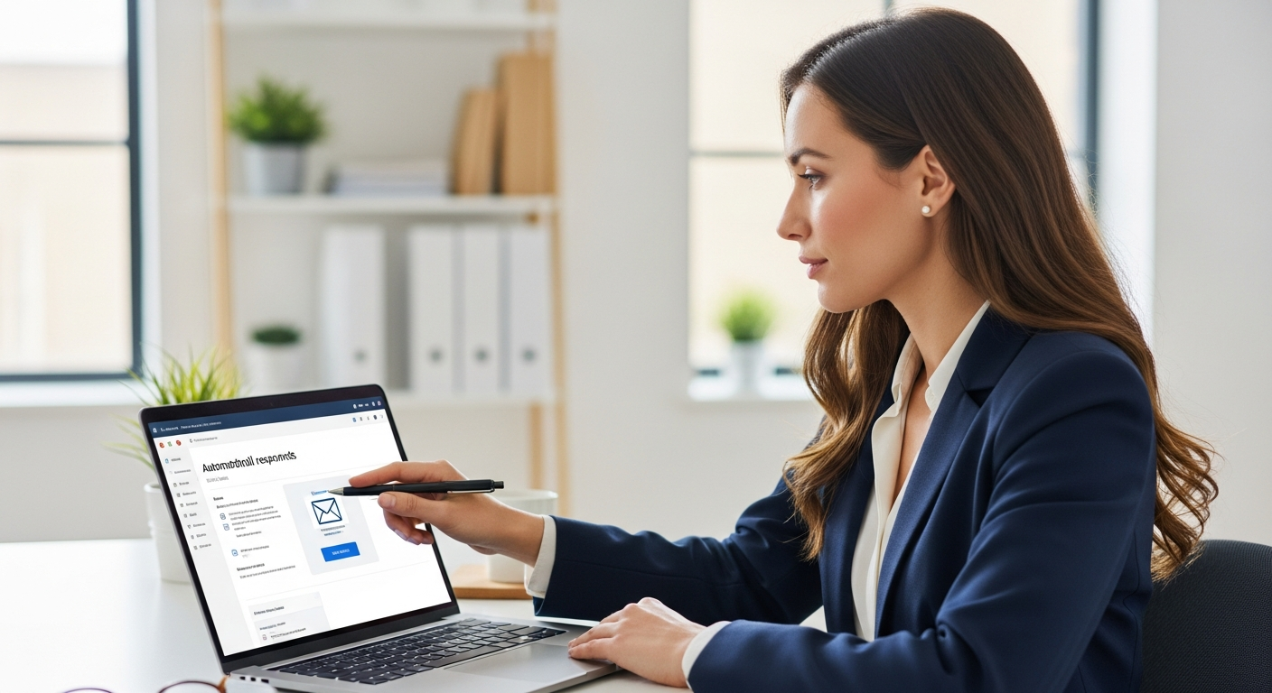 Woman using a laptop to automate email responses in an office