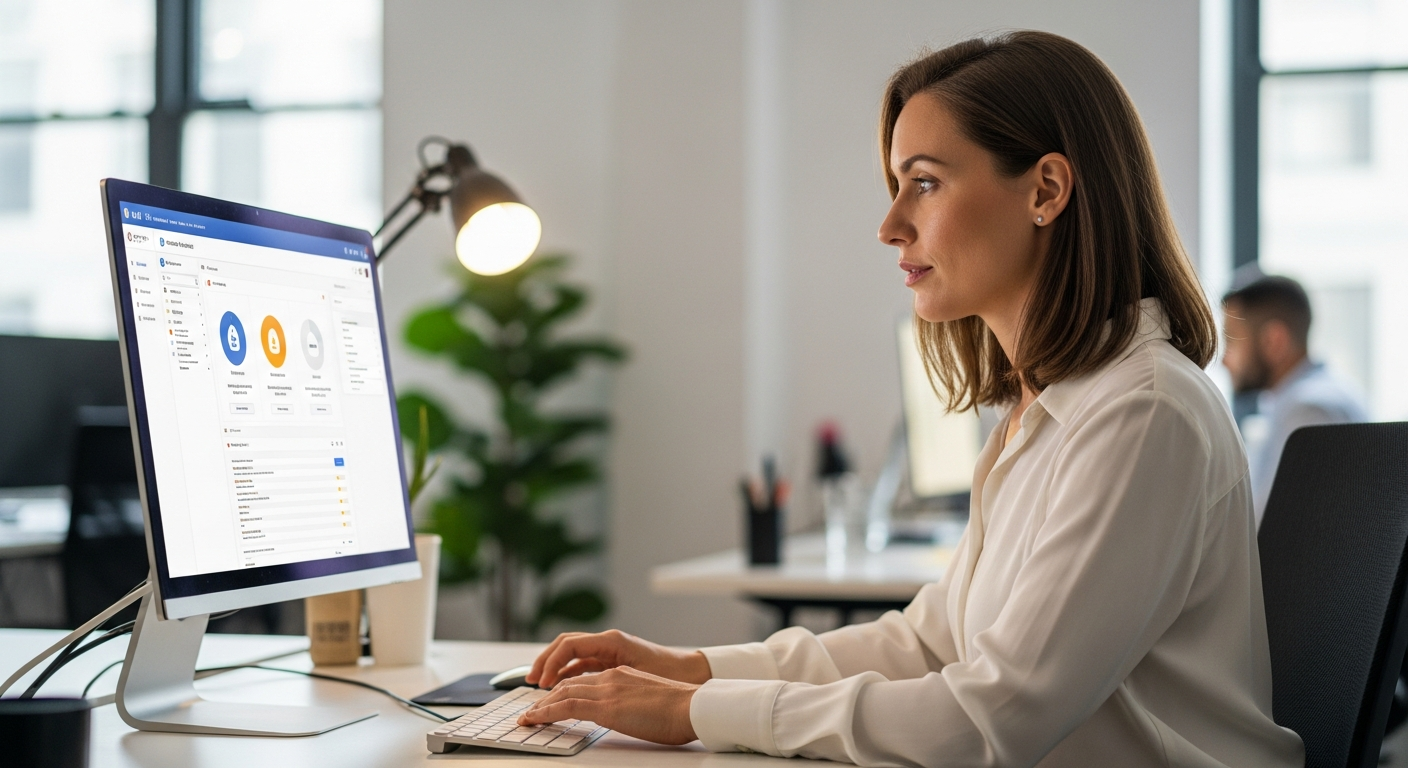 A woman uses time tracking software on a computer in an office.