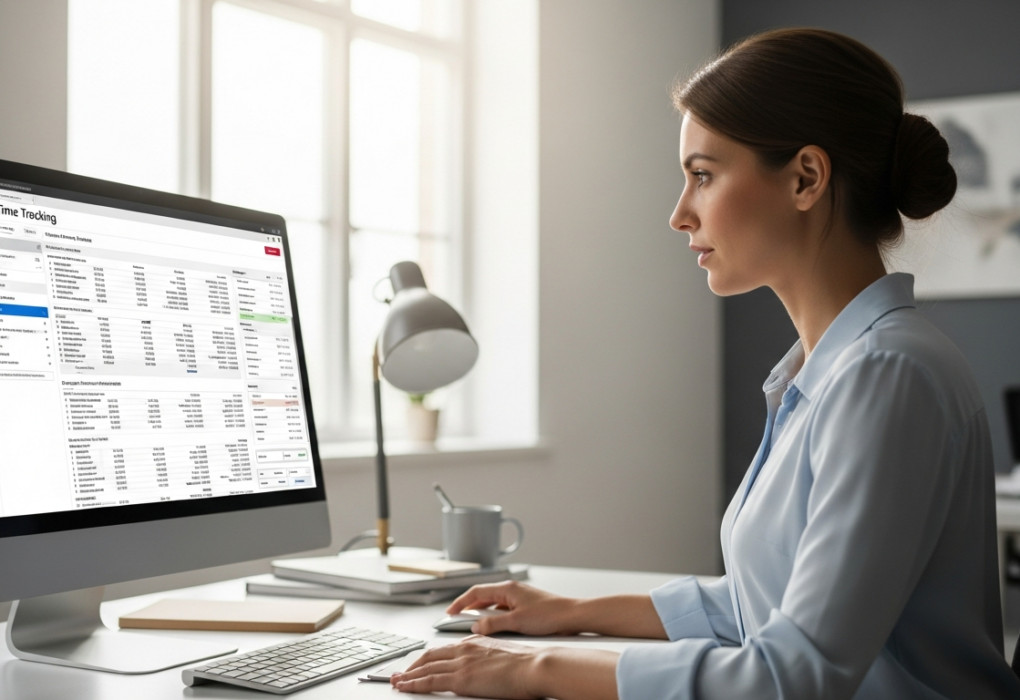 Woman reviewing time tracking software on a computer