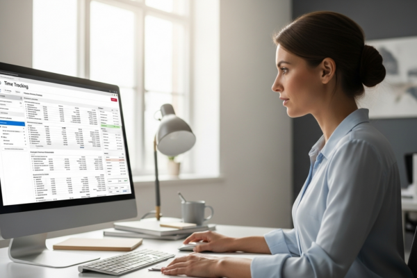 Woman reviewing time tracking software on a computer