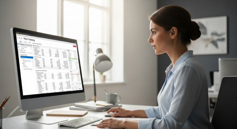Woman reviewing time tracking software on a computer