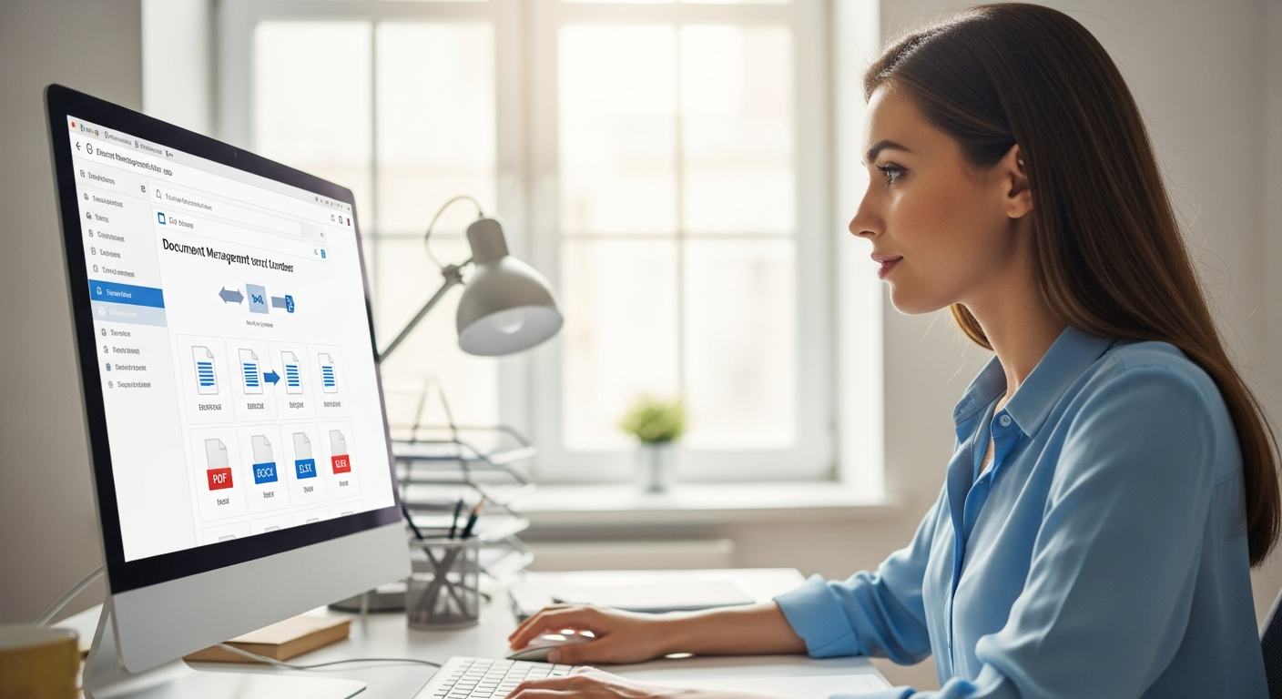 A woman uses document management software on a computer.