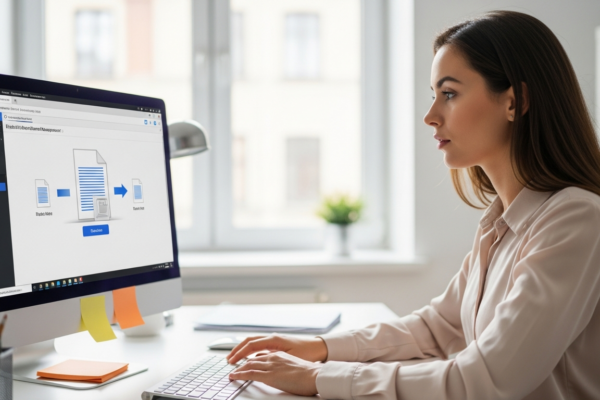 A woman uses document management software on her computer.