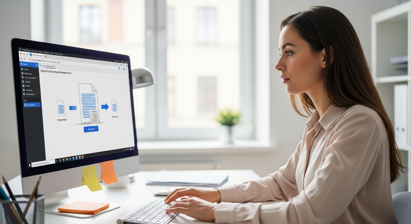 A woman uses document management software on her computer.