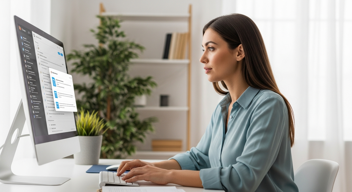 Woman using AI software to organize digital files on a computer.