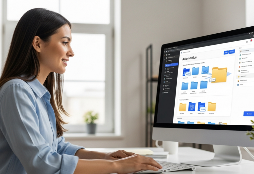 Woman uses AI software to organize digital files on her computer.