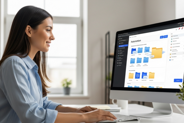 Woman uses AI software to organize digital files on her computer.