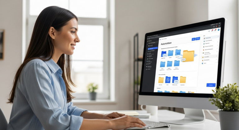 Woman uses AI software to organize digital files on her computer.