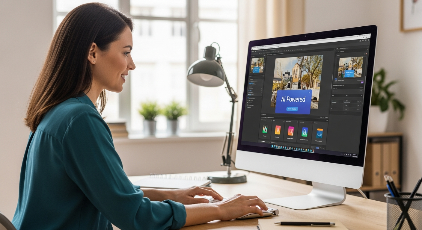 Woman using AI image editing software at her desk
