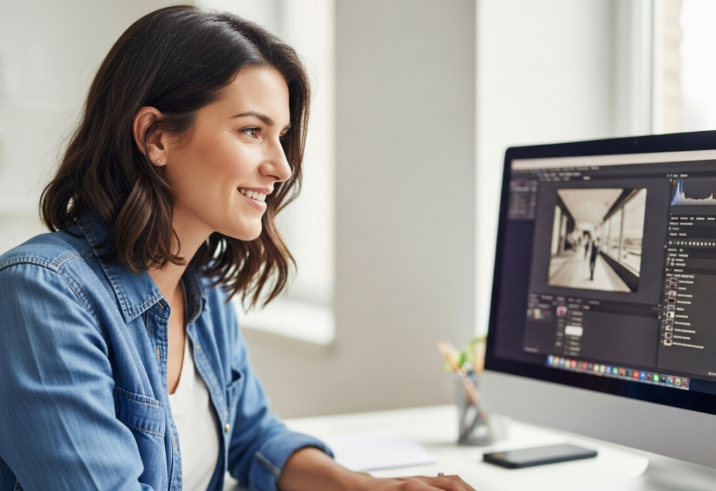Woman using AI image editing software on a computer