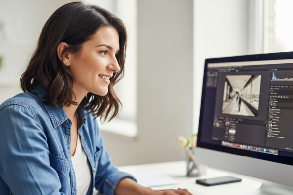 Woman using AI image editing software on a computer