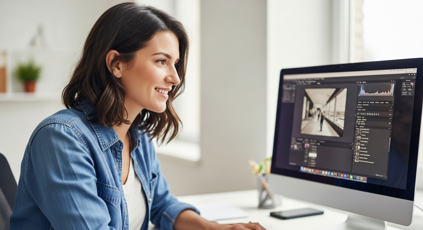 Woman using AI image editing software on a computer