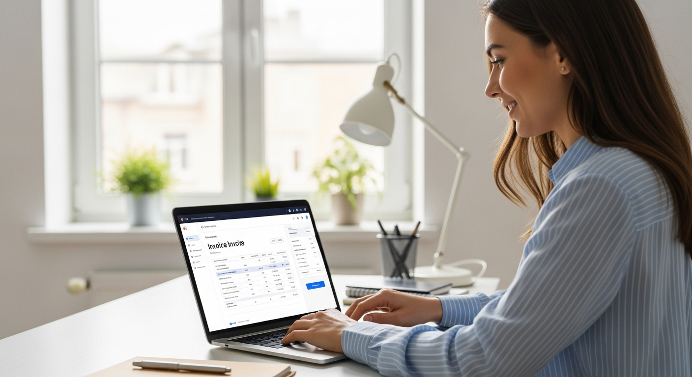 Woman using AI software to create invoices on a laptop