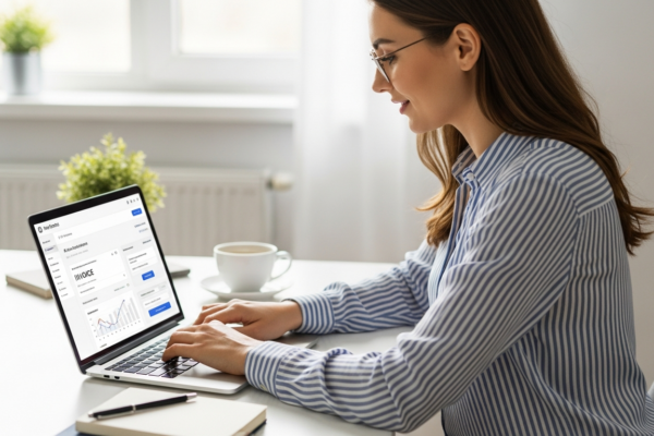 Woman using AI software to create invoices on a laptop.