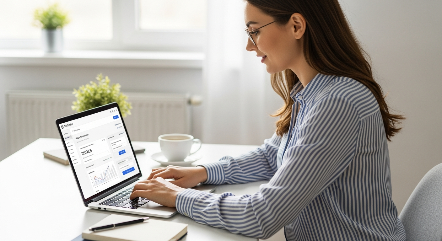 Woman using AI software to create invoices on a laptop.