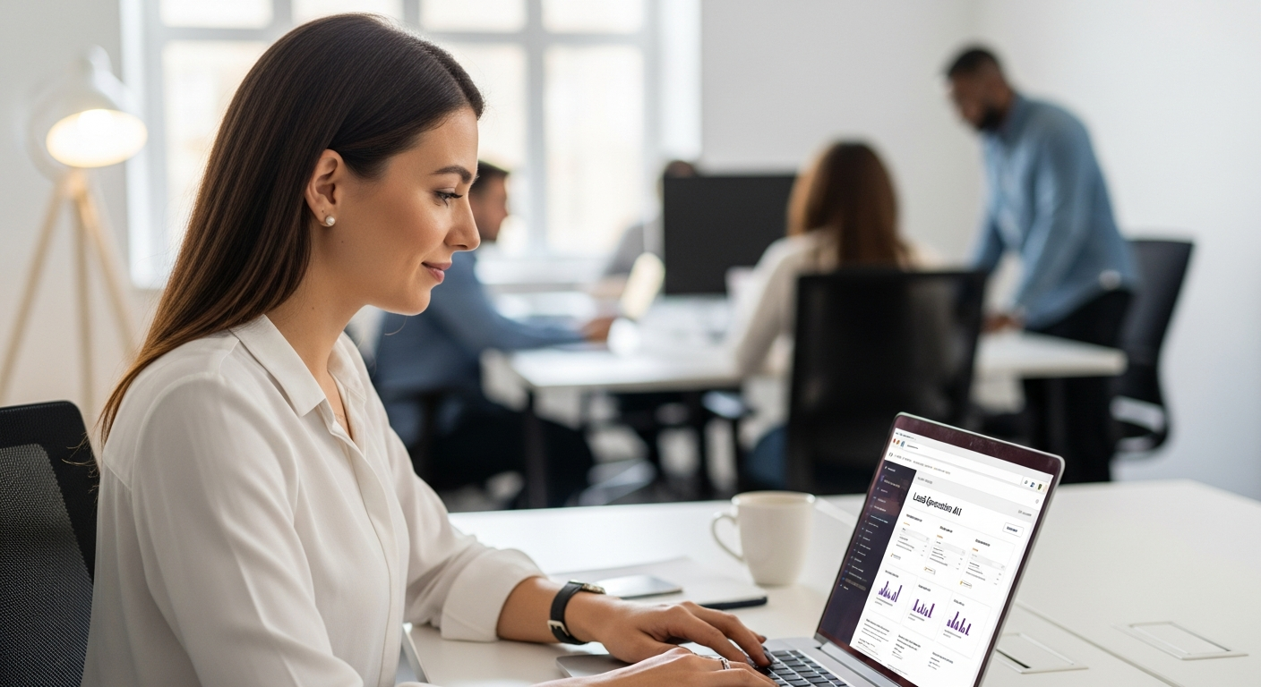 A woman uses an AI tool on her laptop to automate lead generation.