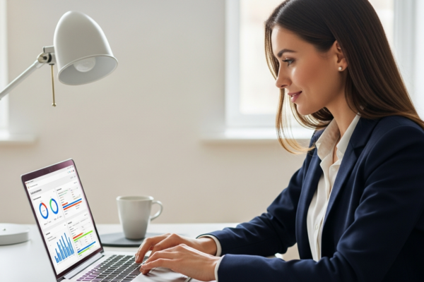 A woman uses a laptop to automate lead generation in an office.
