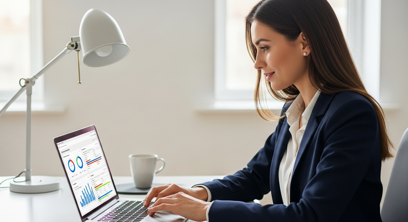 A woman uses a laptop to automate lead generation in an office.