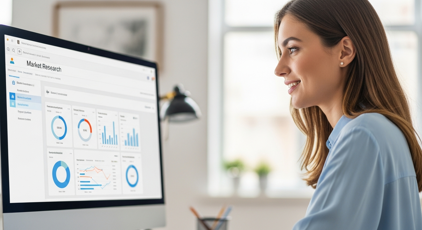 Woman analyzes market research data on a computer.