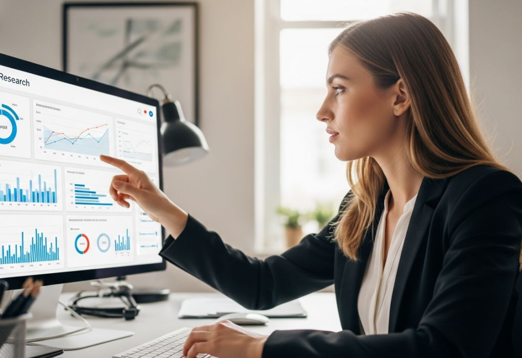 A woman analyzes market data on a computer screen using AI software.