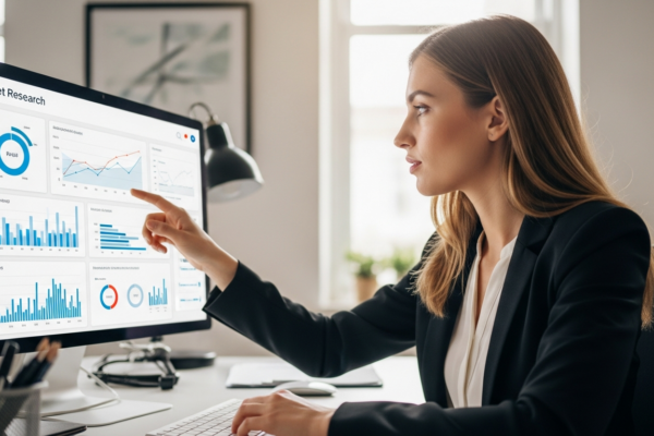 A woman analyzes market data on a computer screen using AI software.
