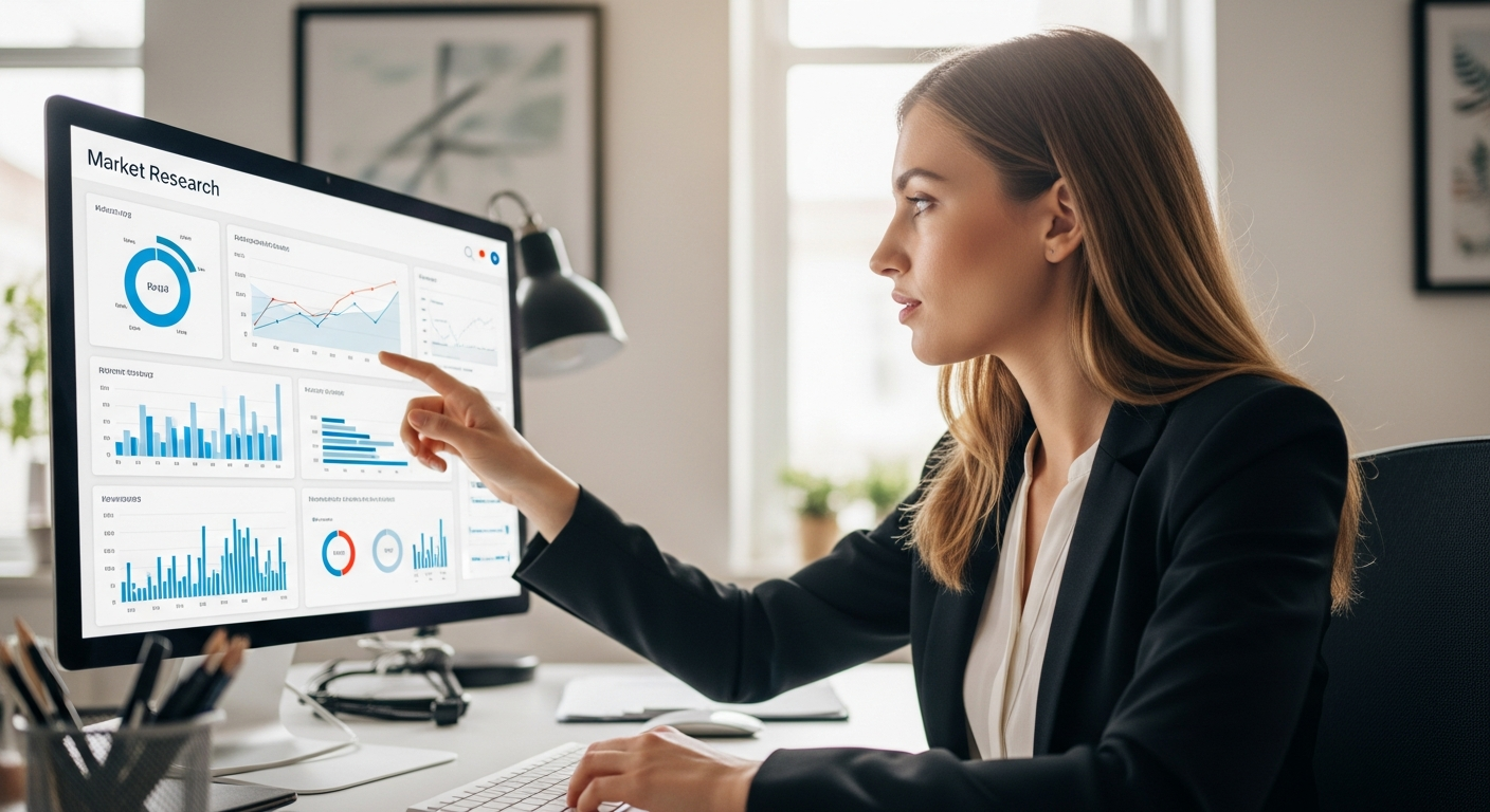 A woman analyzes market data on a computer screen using AI software.
