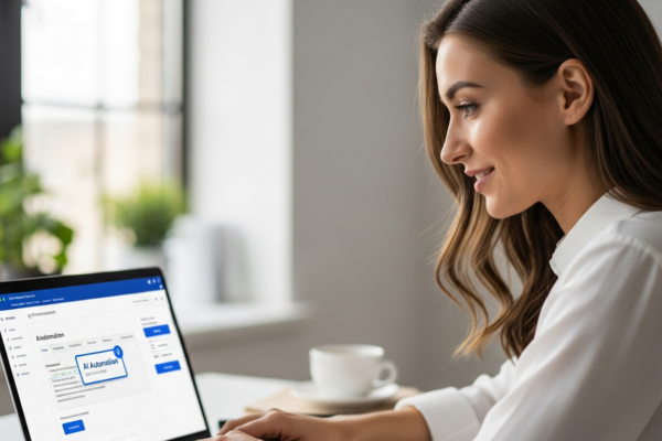 Woman using AI project management software on her laptop