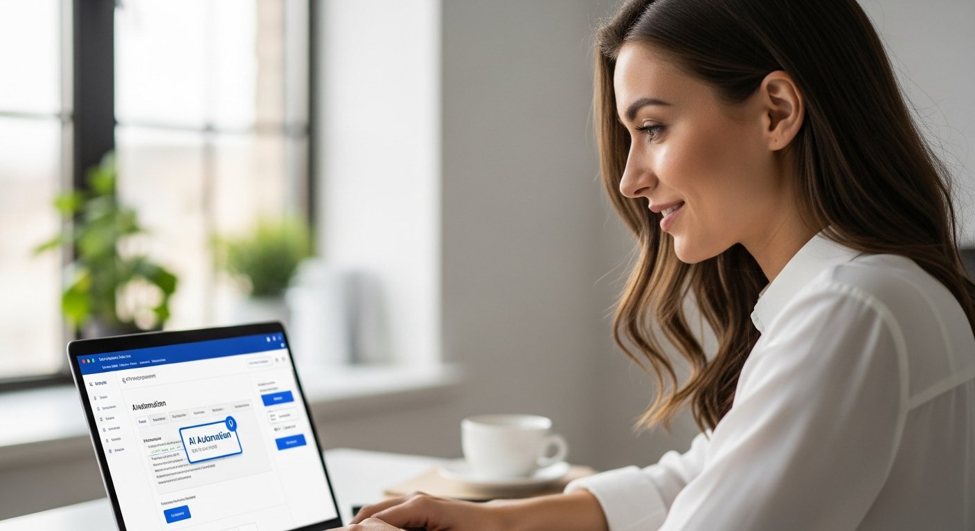 Woman using AI project management software on her laptop