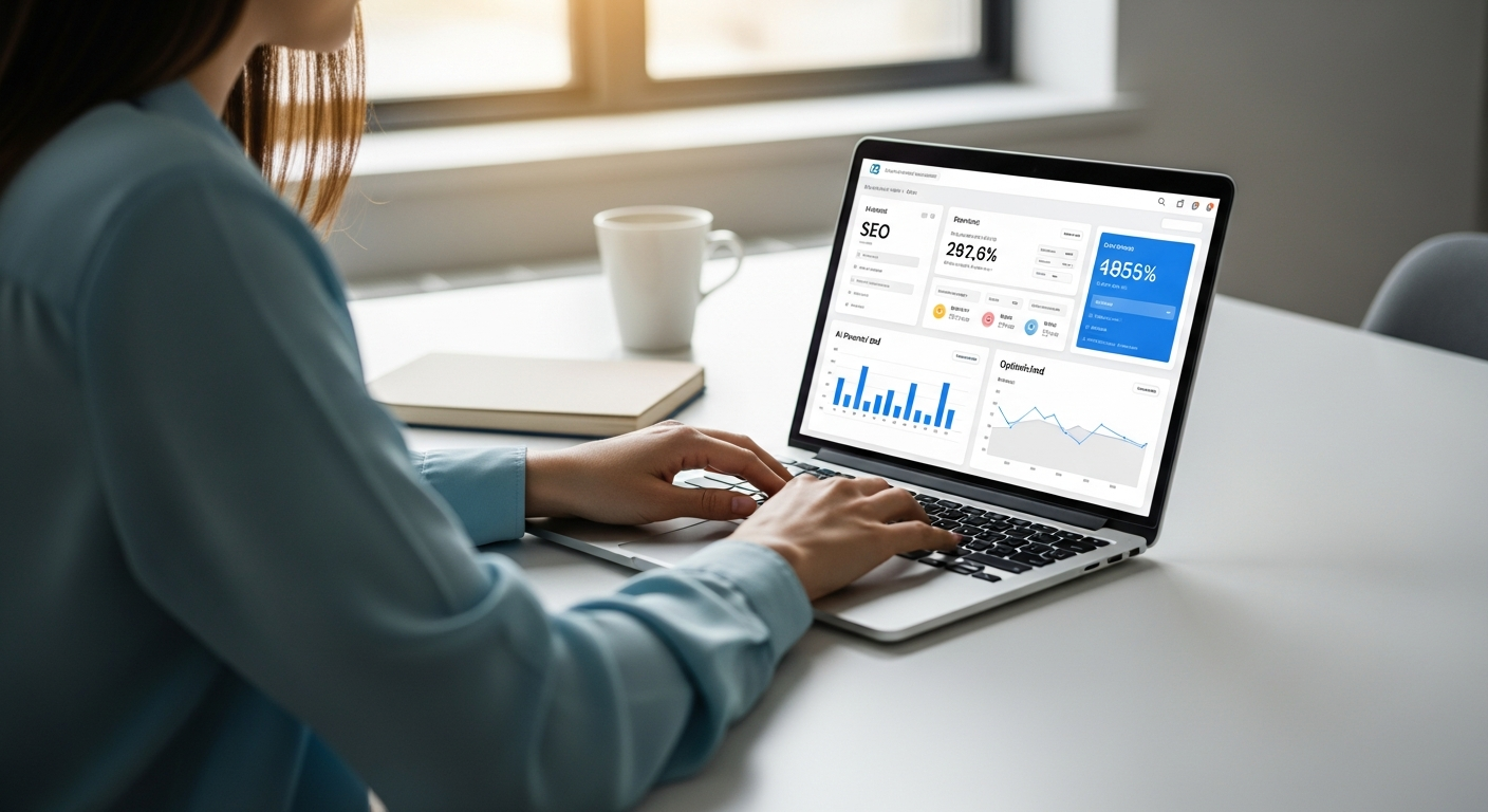 Woman working on a laptop using AI for SEO optimization
