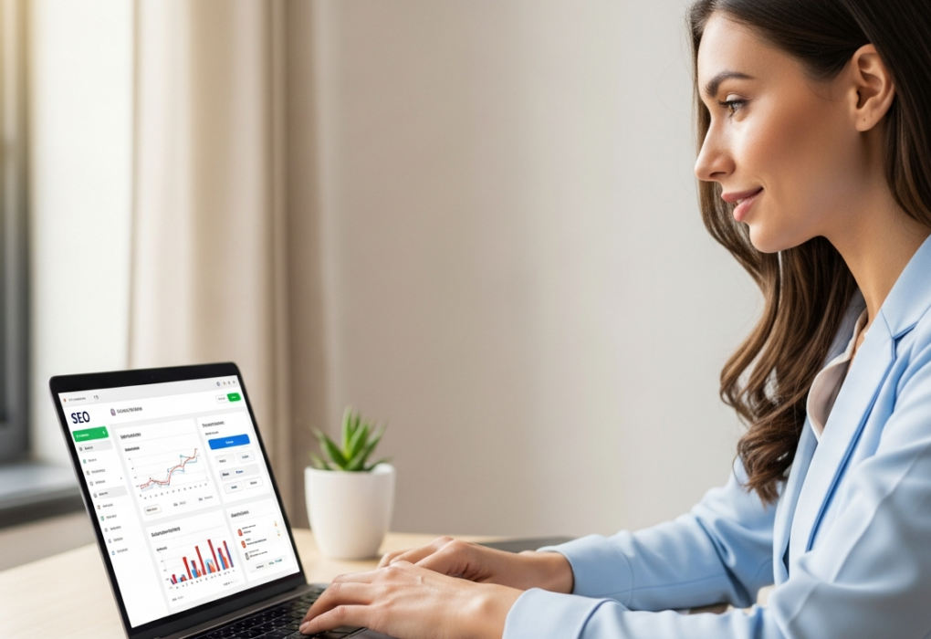 Woman working on a laptop using AI for SEO