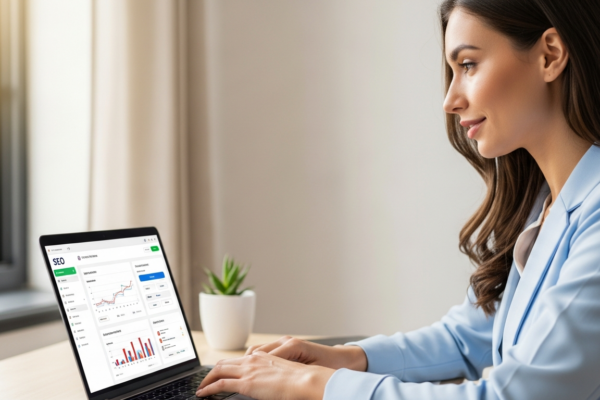 Woman working on a laptop using AI for SEO