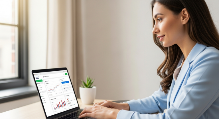 Woman working on a laptop using AI for SEO