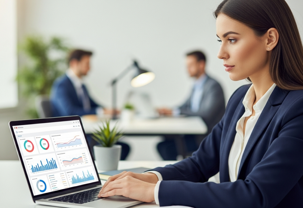 Woman analyzes social media data on a laptop in an office.