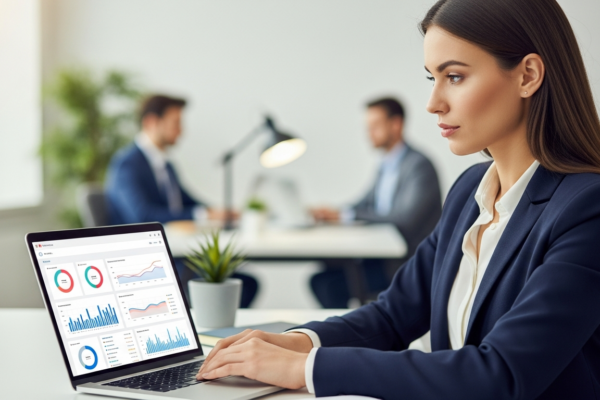 Woman analyzes social media data on a laptop in an office.